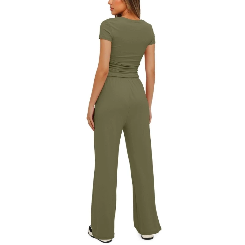 Modern Women 2 Piece Set Breathable Crop Top and Wide Leg Pants Simple Short Sleeve High Waist Trousers with Pockets