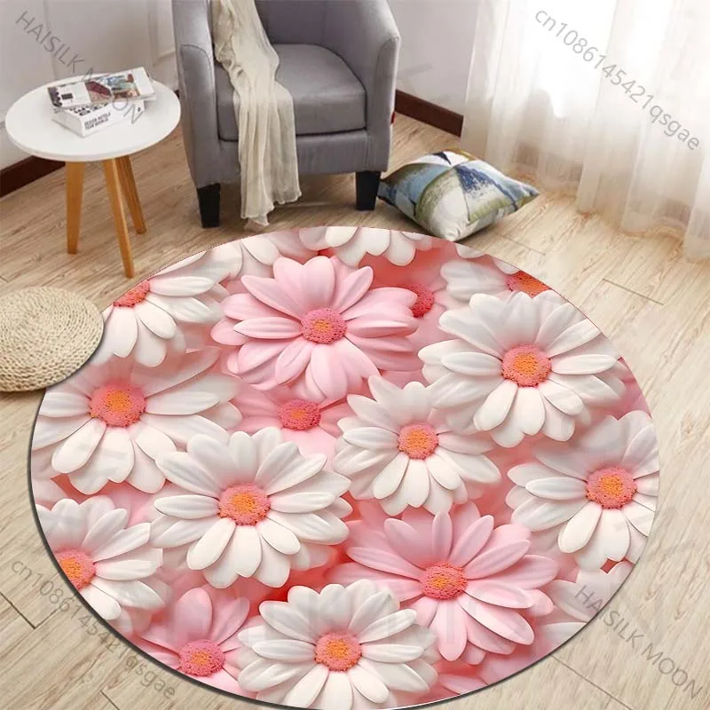 Delicate pink and white daisy blooms Printed round carpet living room sofa table carpet large pet mat soft round carpet