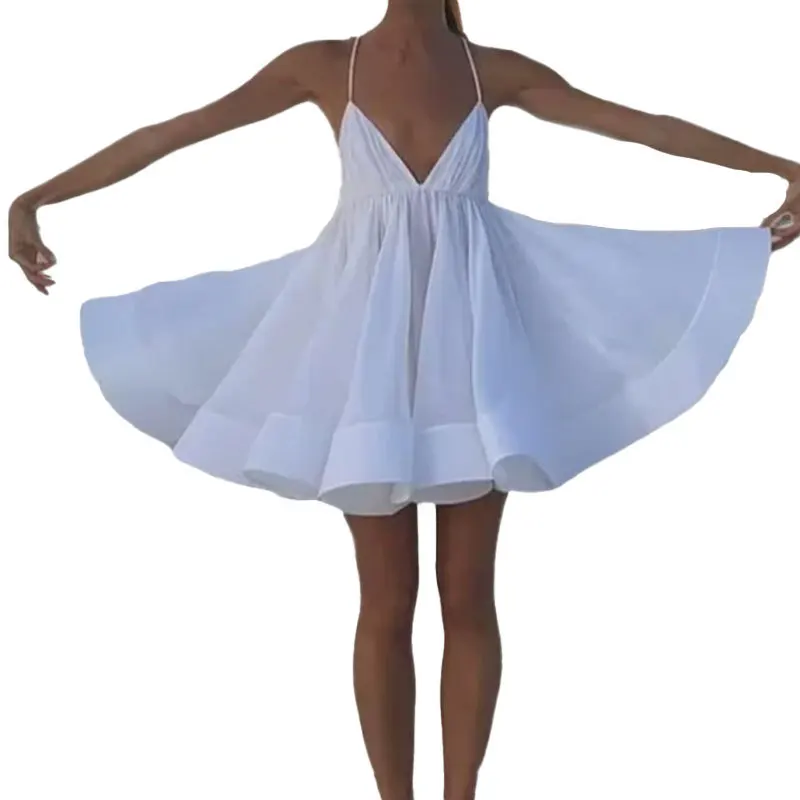 Women's Spaghetti Strap Dress Elegant Sexy V-neck Backless Pleated Puffy Dresses Temperament Lady Party Banquet Vestidos Female