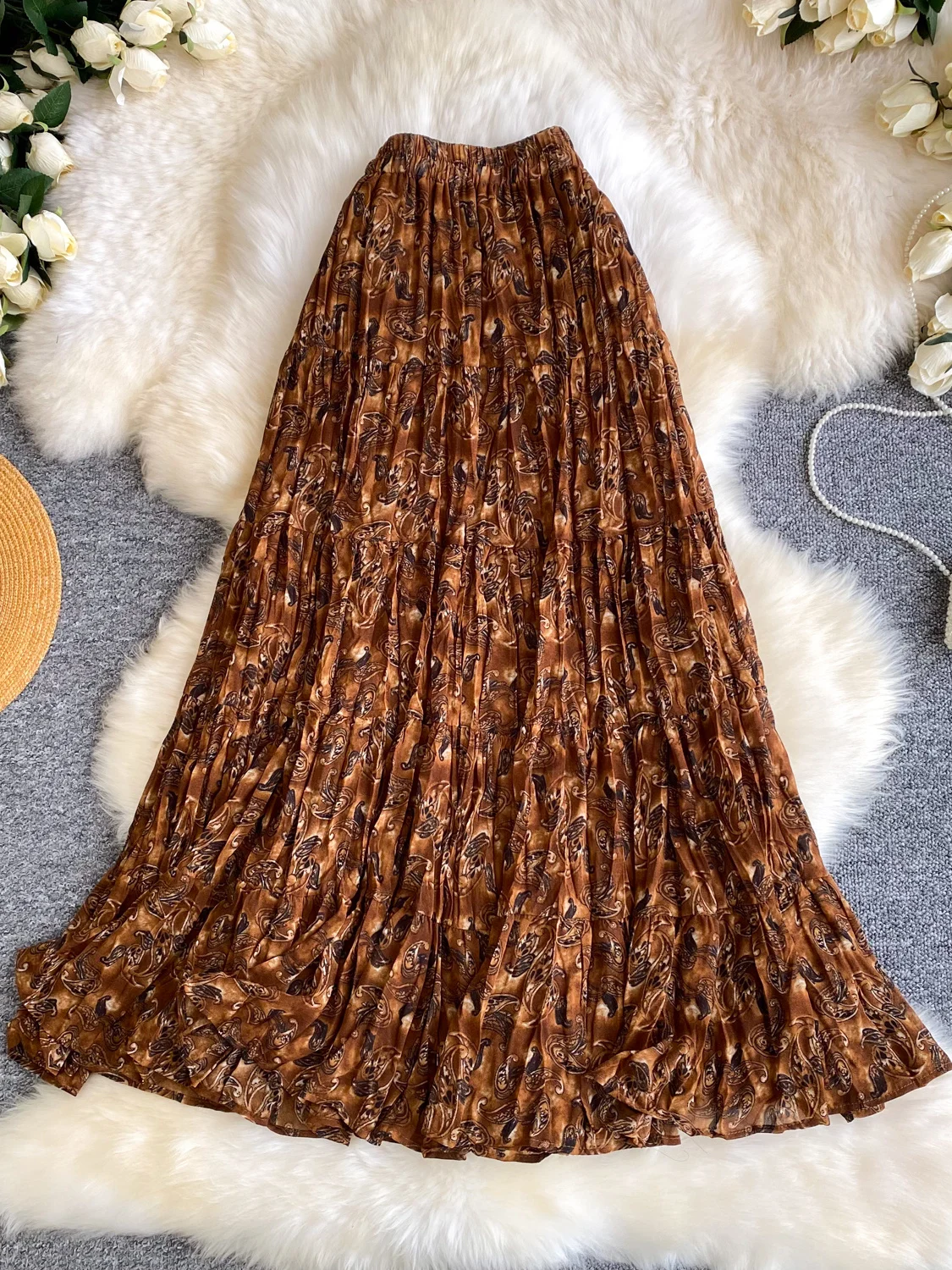 

Женская летняя юбка с ретро-принтом, плиссированная, на резинке, с высокой талией, приталенная, А-силуэт, длинная, для повседневной носки