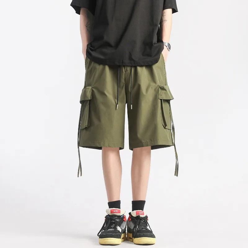

KIDWHXR Summer Men Cargo Shorts American Thin Quick-drying Male Knee-length Pant Loose Straight Drawstring Outdoor Man Shorts