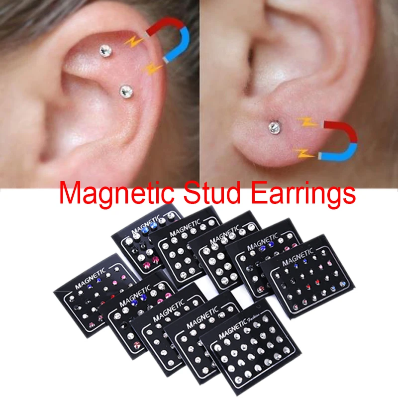 24Pcs/Set Magnetic Non-Piercing Clip Round Rhinestone Stud Earrings Jewelry