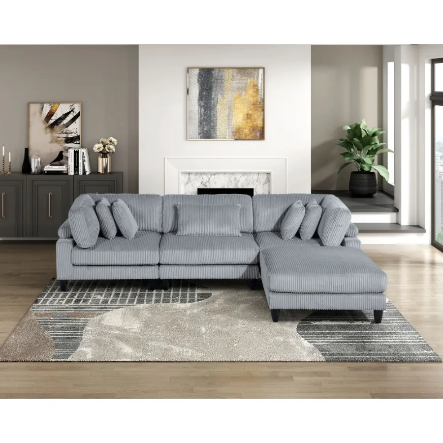 

Living Room Furniture 4Piece Modular Sectional Sofa Set Gray Corduroy Soft Cushion Pillows Solid Wood Legs