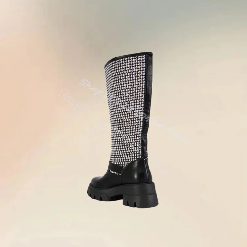 Rhinestone Buckle Decor Black Wave Bottom Boots Slip On Women Shoes Chunky Heels Fashion Party Banquet 2025 Zapatos Para Mujere