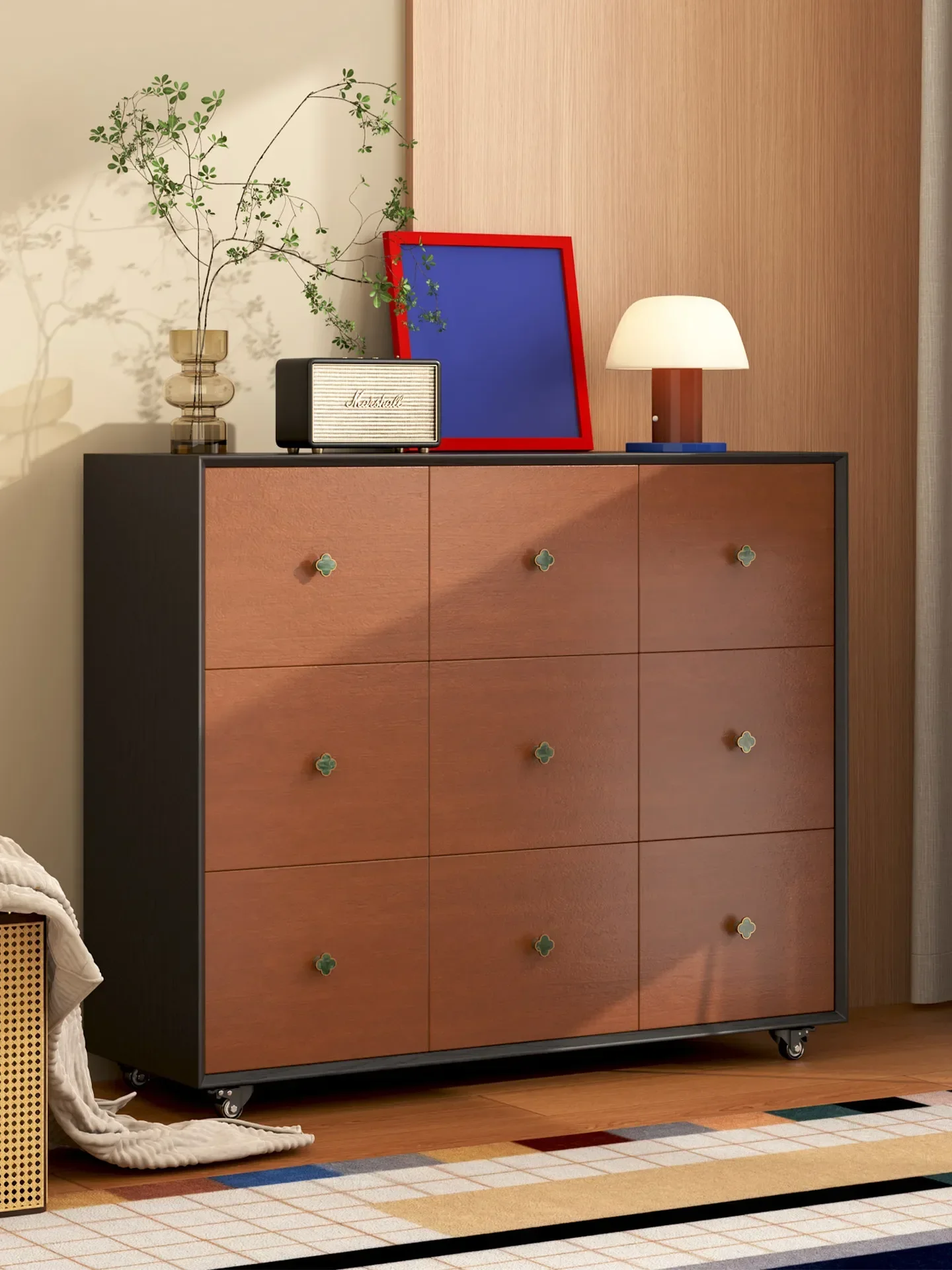 Movable Nine Dou Solid Wood Antique Living Room Sofa Side With Wheel Entrance Storage Cabinet