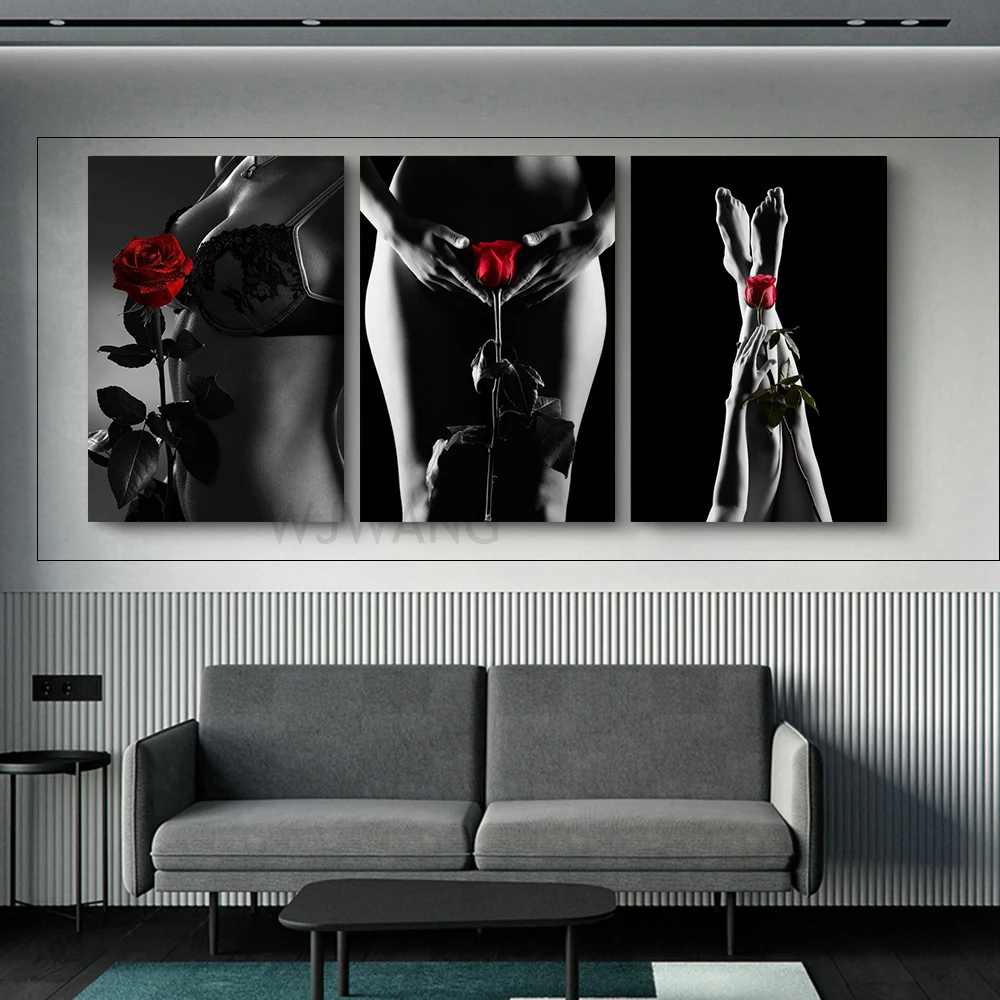 

Modern Black and White Nude Art Posters and Prints Sexy Women Roses Canvas Paintings Wall Art Picture for Living Room Home Decor