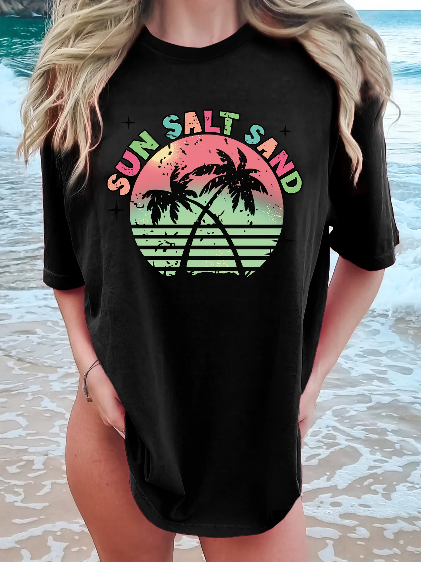 

Sun Sand Print T-shirt, Short Sleeve Crew Neck Casual Top For Summer & Spring, Women's Clothing