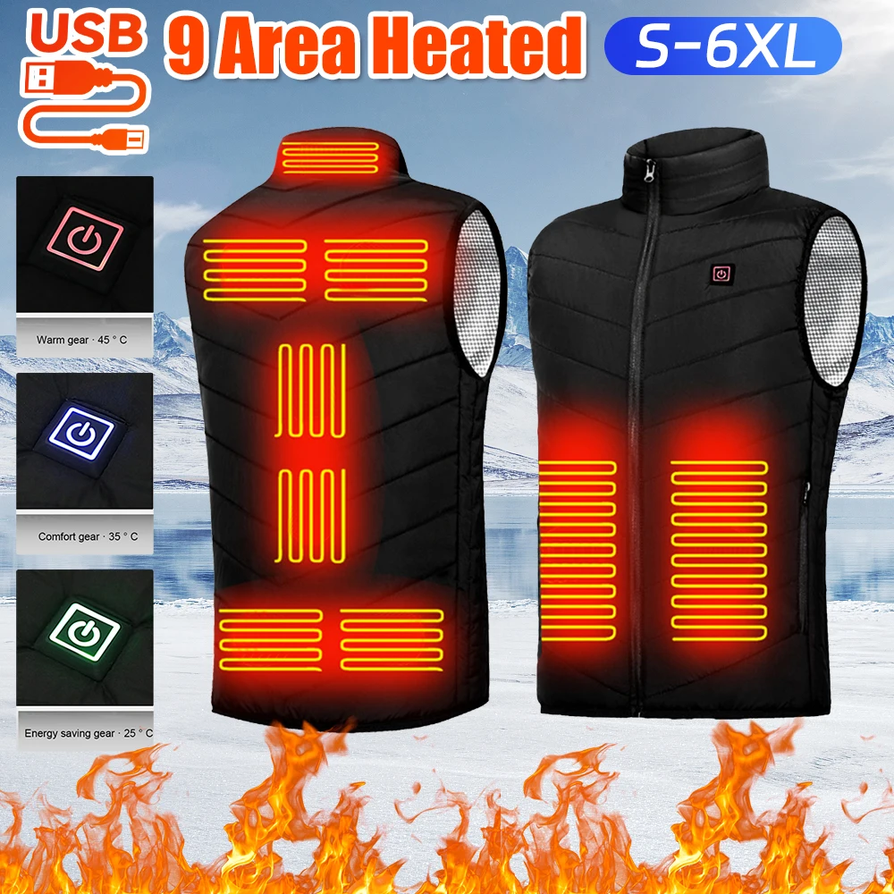 

Intelligent Thermal Vest Men Women USB Electric Winter Heated Jacket Zipper 9 Areas Zone for Camping for Sports Hiking Oversized