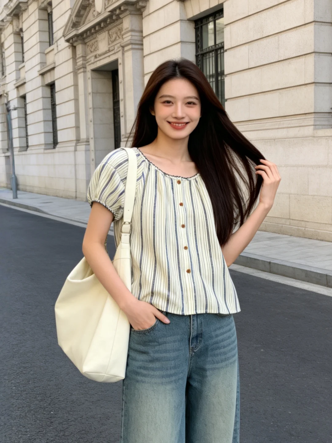 

Bohemian Style Vertical Stripes Short Sleeve Loose Women's Shirt Bubble Sleeve Casual Fashion Summer New Arrival Top
