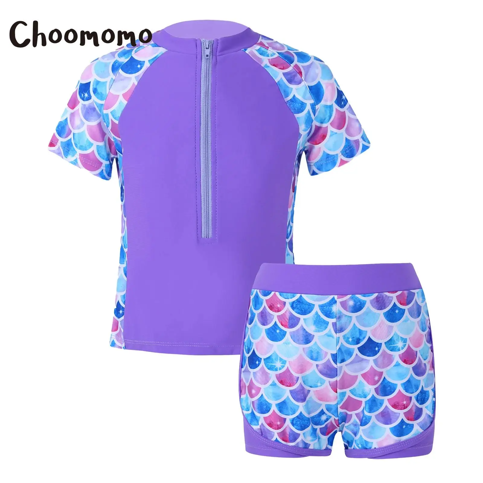 Kids Girls Two Piece Rash Guard Set Short Sleeve Swim Shirt with Bodyshort UPF 50+ Sun Protection Bathing Suit Swimwear