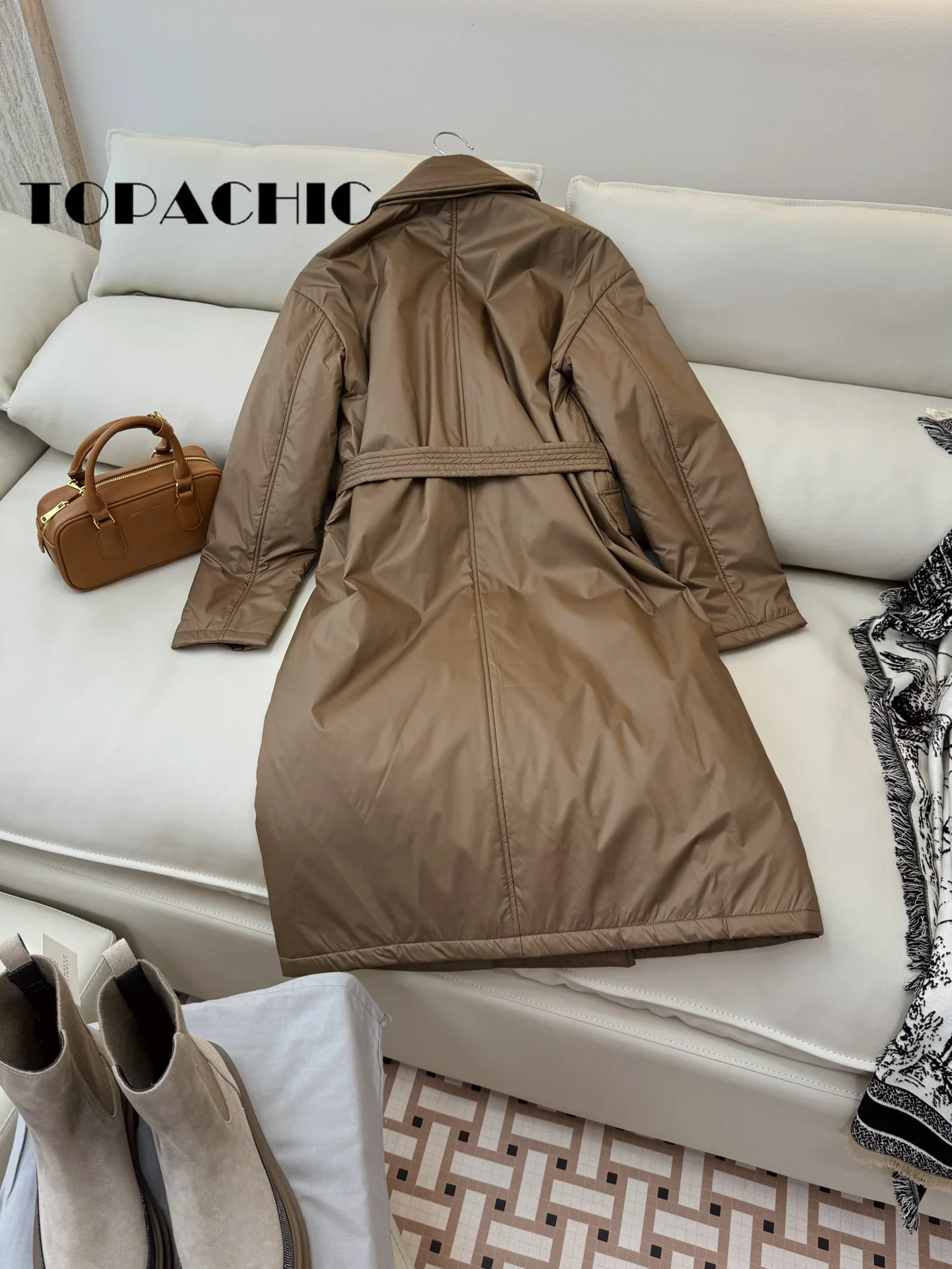 8.28 TOPACHIC-Women Solid Camel Down Lapel Collar Parkas Elegant Double Breasted Sashes Collect Waist Keep Warm Long Outerwear