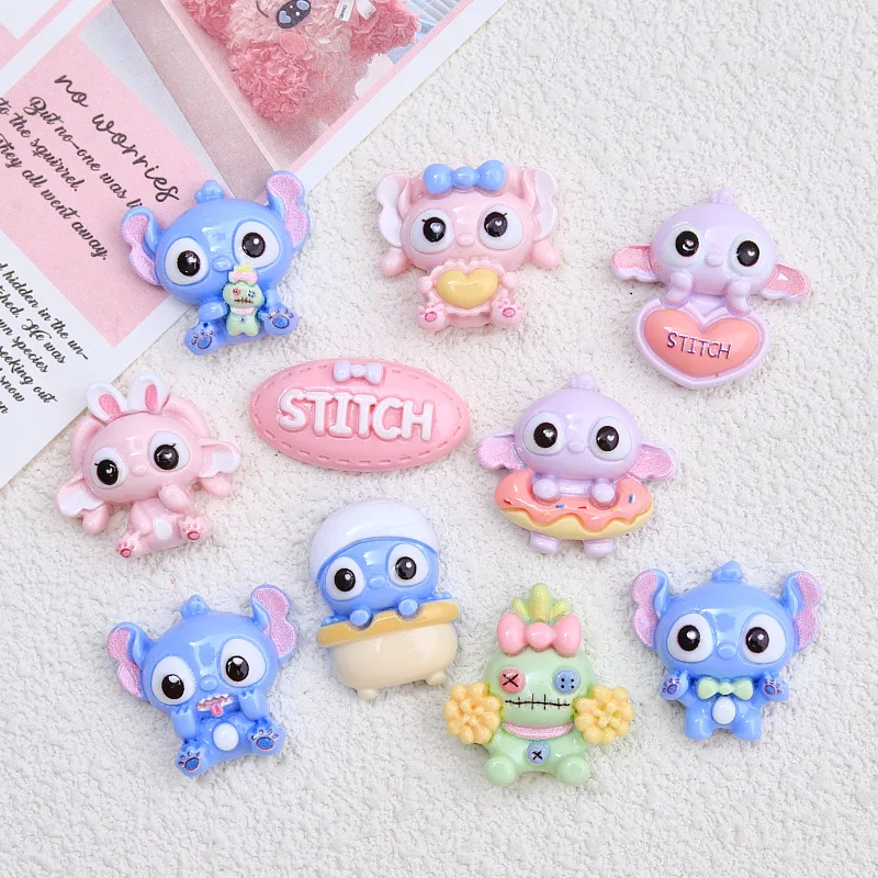 10 PCS Kawai Disney Cartoon Cute Stitch Big eared monster Series Resin Clip Book DIY Jewelry Hairpin Headrope Decoration Crafts