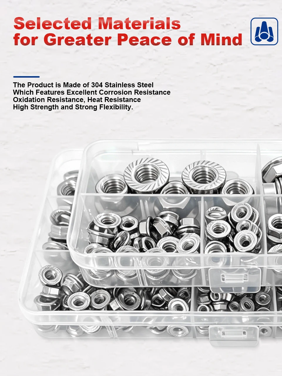 DIN6923 Sechskant-Flanschmutter mit Zähnen SUS304 A2-70 INOX Edelstahl Metrischer Sicherungskragen Befestigungselement Verpackt in Box M3 M4 M5 M6 M8 M10 M12 – Detail 2