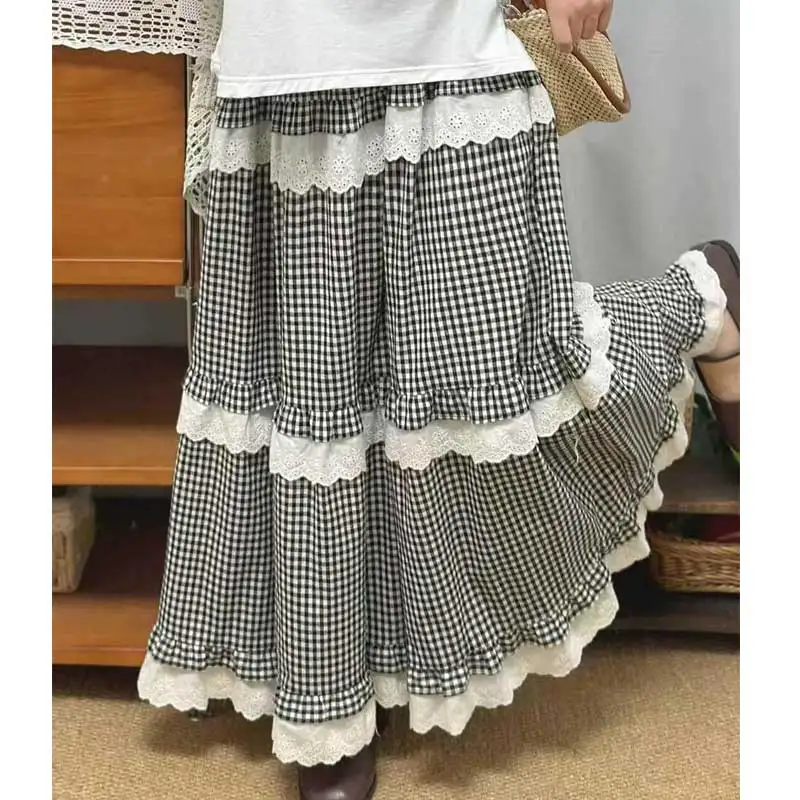 

Spring New Japanese Mori Girl Vintage Plaid Lace Patchwork Cake Skirt Women High Elastic Waist Casual Loose A-Line Midi Skirts