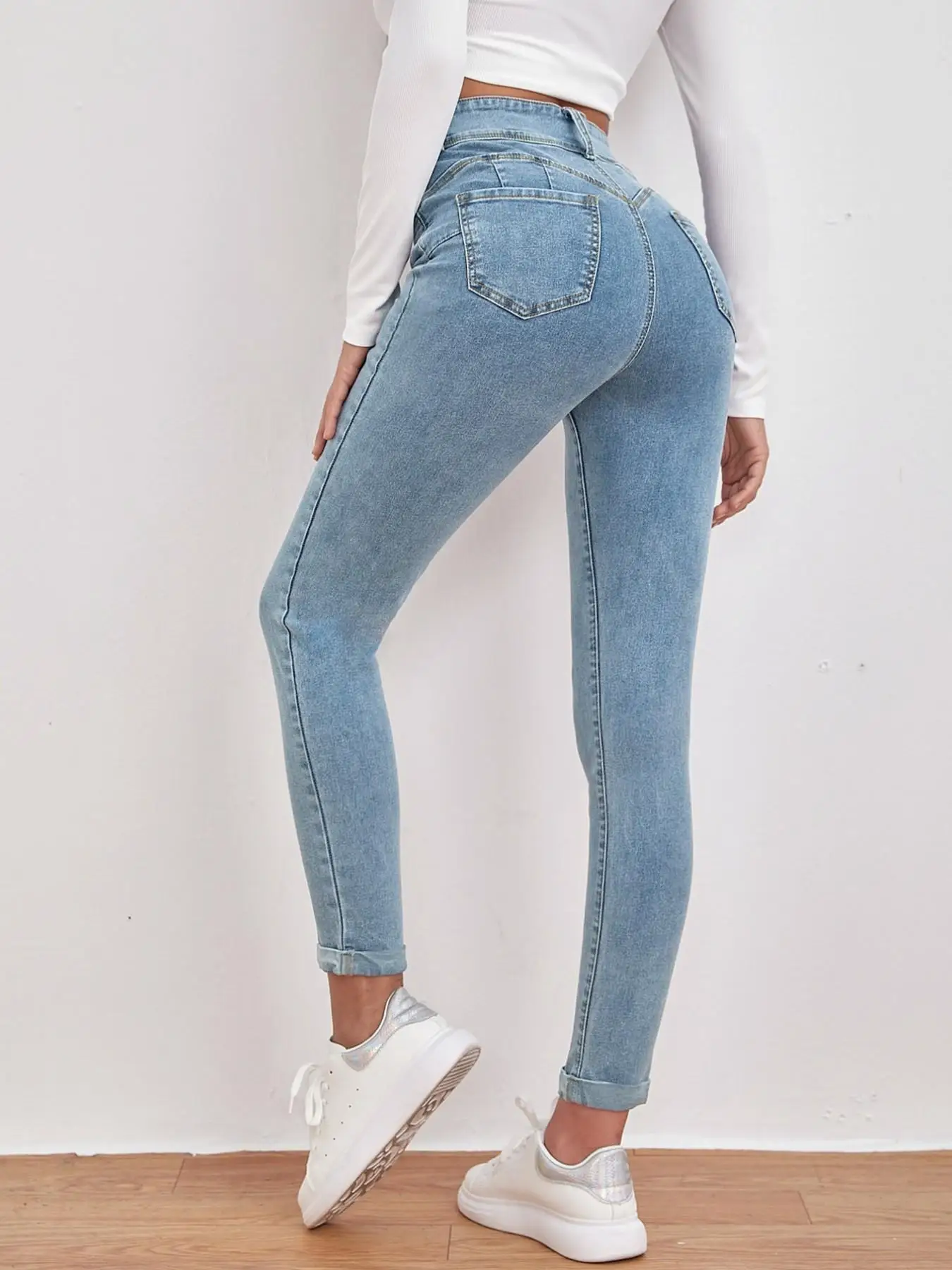 High Street Vintage High Waist Jeans, Slimming Peach Butt Skinny Fit, Double Button Design, Women's Fashion Pants