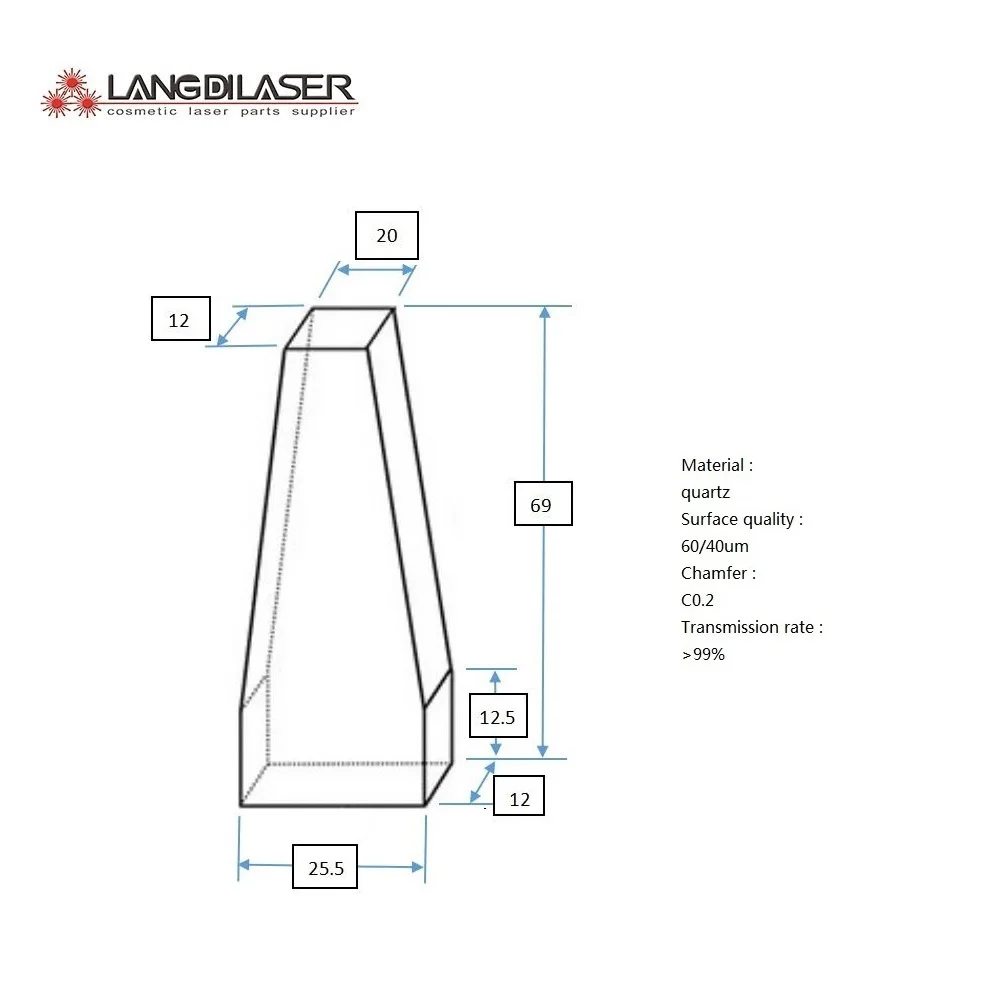 

Size : 69(12.5)*25.5(20)*12 / For Cosmetical Diode Laser Prism Lightcone Crystal / Material:Quartz / AR@808nm Film Coated