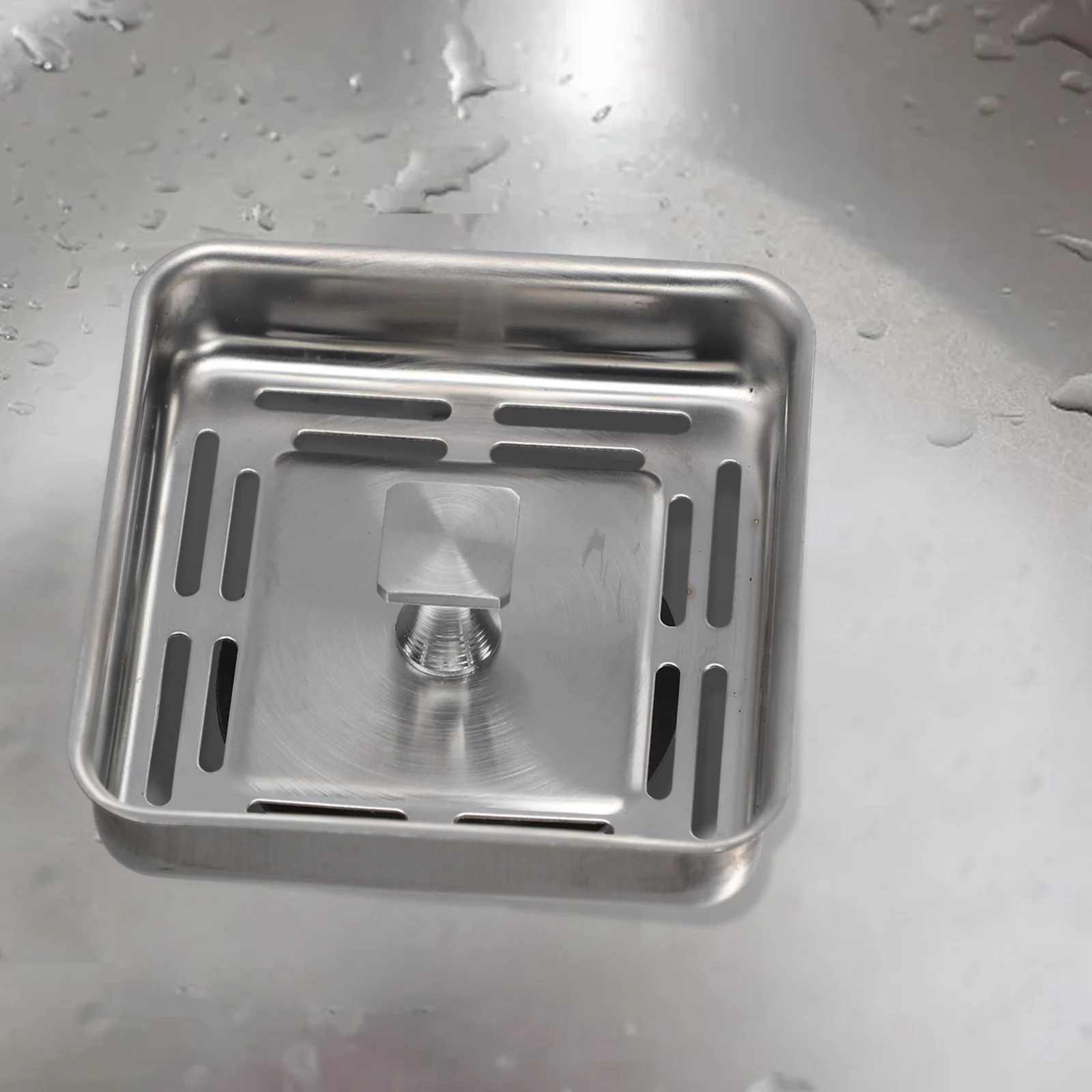 Kitchen Sink Strainer 79mm Square Stainless Steel with Rubber Post Stopper to Filter Waste and Protect Sink Drains from Clogging