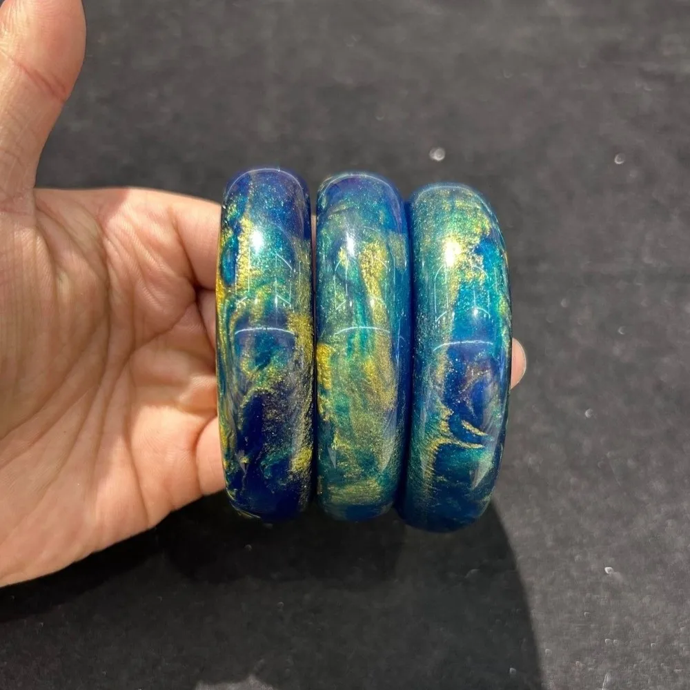 Unique Blue Texture Resin Cuff Luminous Colorful Smudge Chunky Bracelet Wide Blue Porcelain Night Glow Effect Bangle