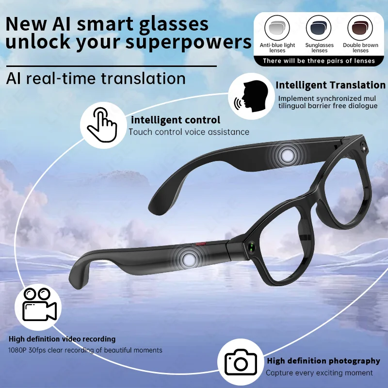 LIGE AI Smart Camera Glasses 500W HD Video Recording With Long-Lasting Battery Voice Assistant Calling Music Outdoor Sunglasses