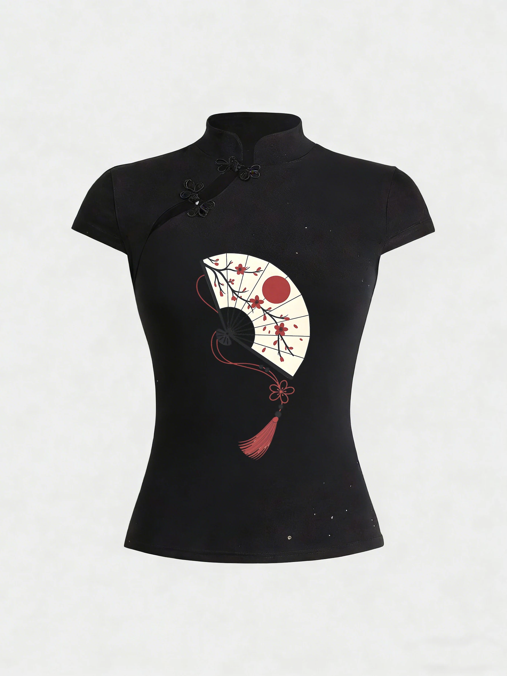 Women's New Chinese Style Slim Versatile Classic Frog Button Top American Retro Harajuku Aesthetic Fashion Short Sleeved T-shirt