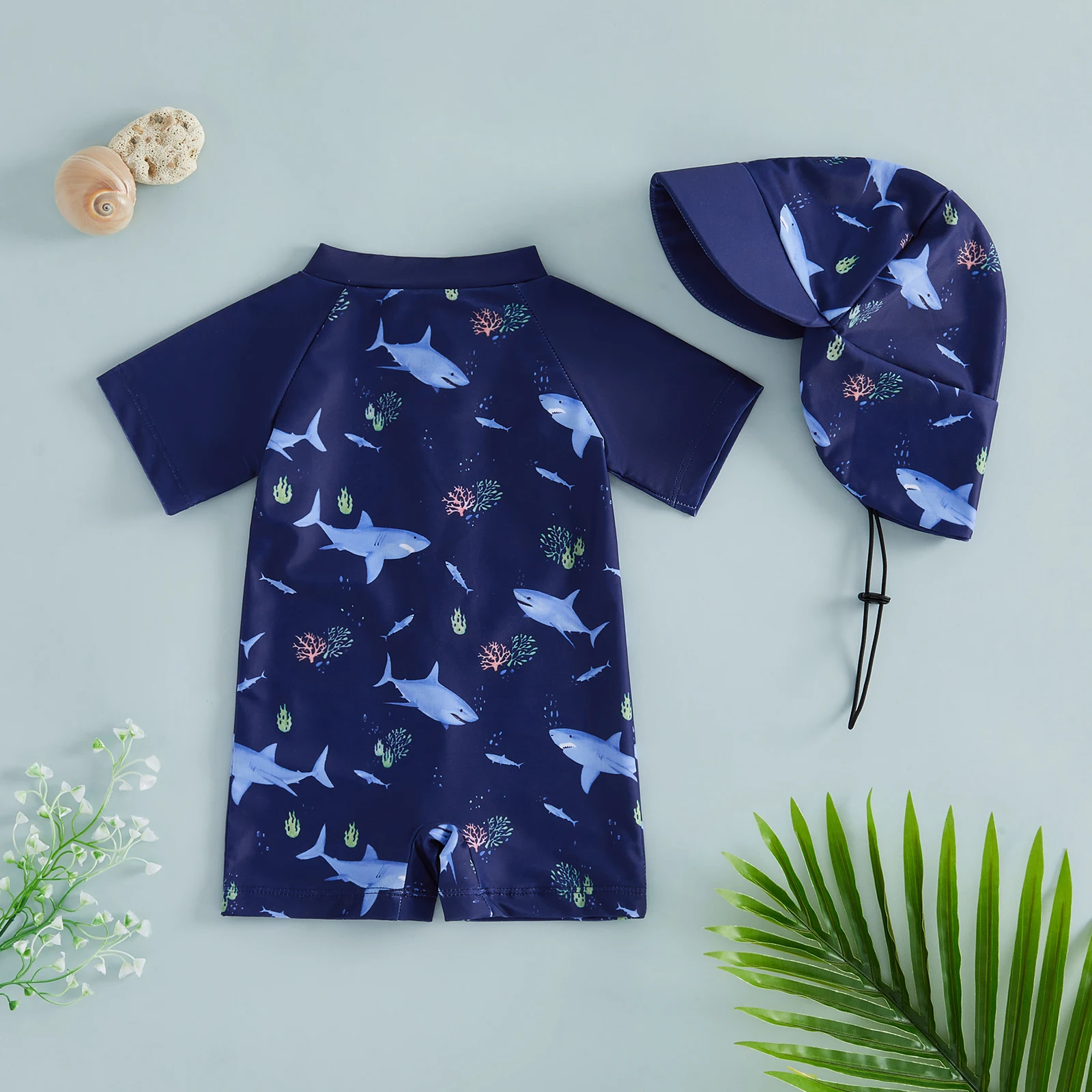 Kids Boys Rash Guard Swimsuit Tropical Plant Sea Animal Print Short Sleeves Swimwear and Swim Cap Beachwear