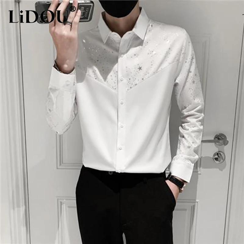 2023 Spring Autumn New Business Casual Neat Capable Male T-shirts Korean Fashion Vintage Shirt Solid Color Sequins Slim Top Men