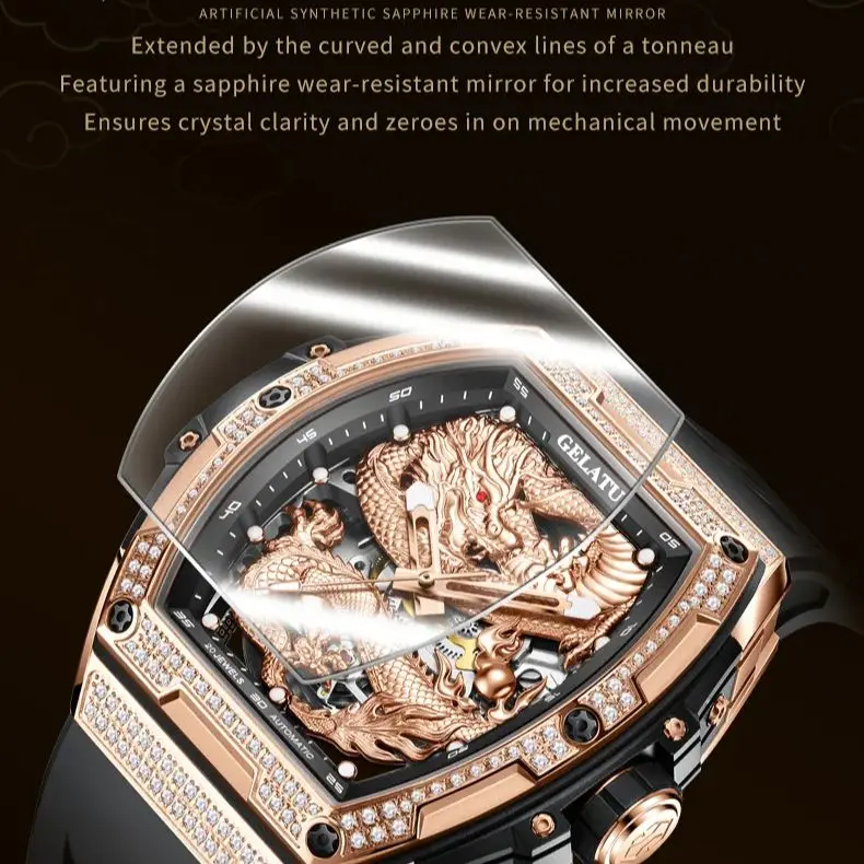 GELATU 6021 Golden Dragon Hollow Men Watch Automatic Mechanical Watch Waterproof Silicone Luxury Diamond Men Watch Reloj Hombre