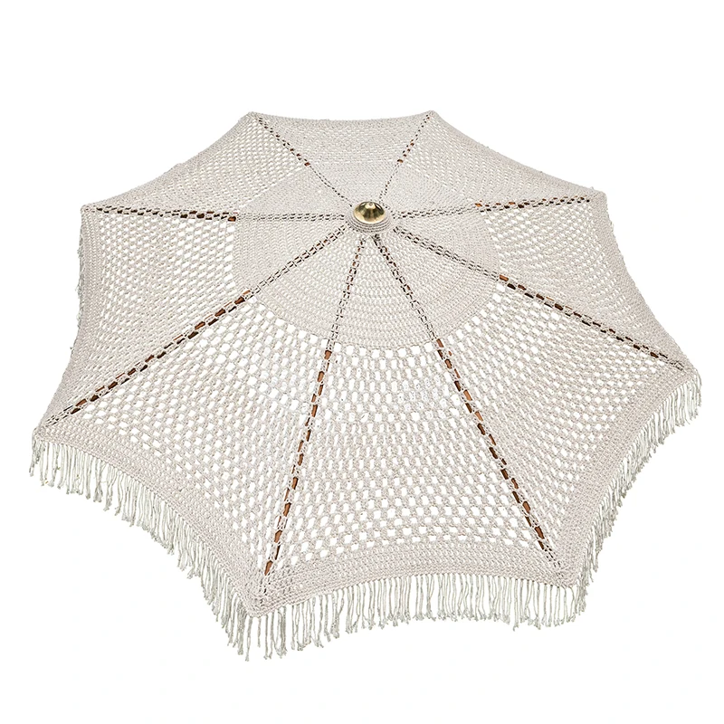 Outdoor Handwoven Macrame Garden Parasol with Beech Wood Mechanics 2.5m Beach Umbrella with Cotton Fringe