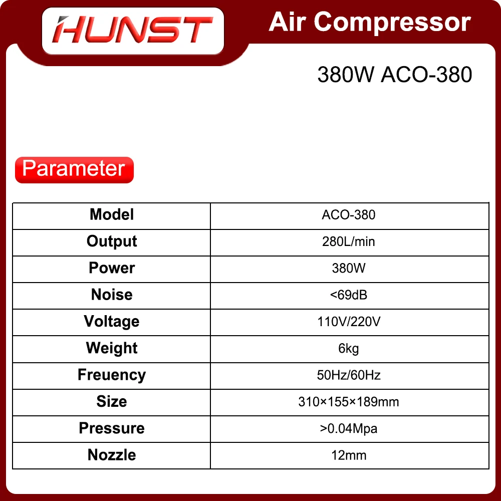 Imagem -05 - Compressor de ar Hunst para Gravação a Laser e Máquina de Corte Bomba de ar Solenóide Aco380 380w