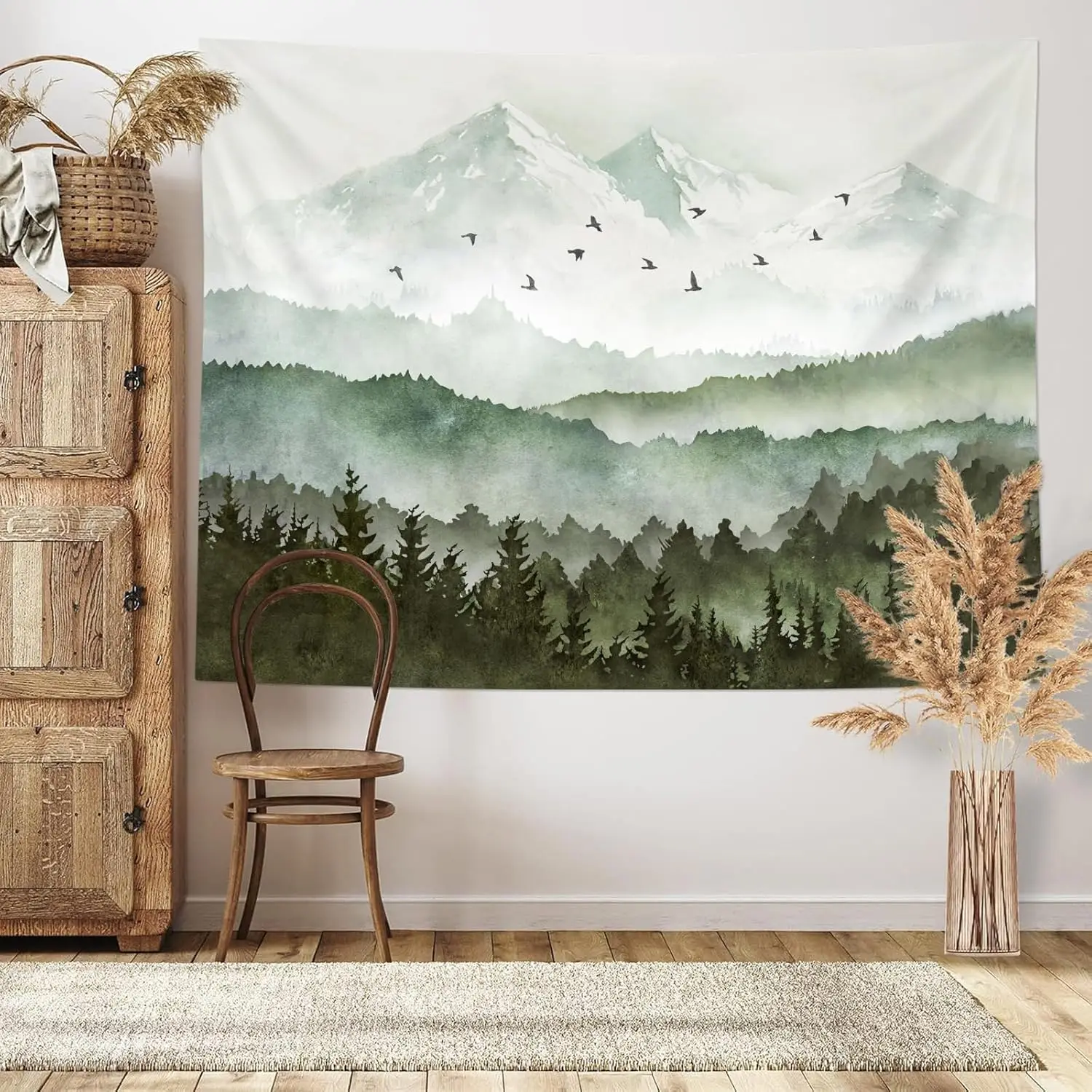 Misty Foggy Watercolor Scenery Art Wall Tapestries, Nature Scenery Tapestry for Bedroom Living Room Backdrop Teal Blue