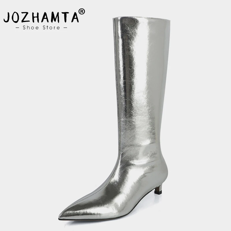 

JOZHAMTA Size 34-39 Wide Calf Boots For Women Genuine Leather Kitten Heel Winter Shoes Woman Knee Boots Pointed Toe Brand Shoes