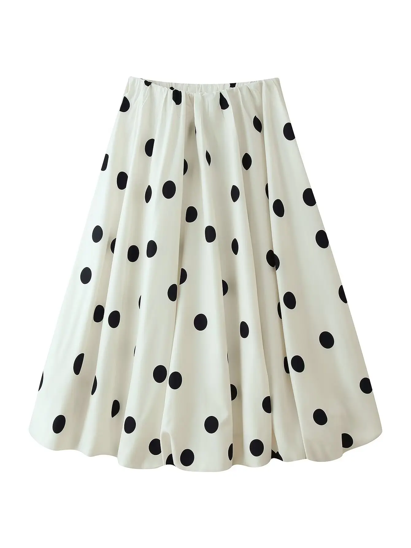 

Женская юбка миди А-силуэта в горошек с высокой талией и эластичным поясом, струящаяся, расклешенная