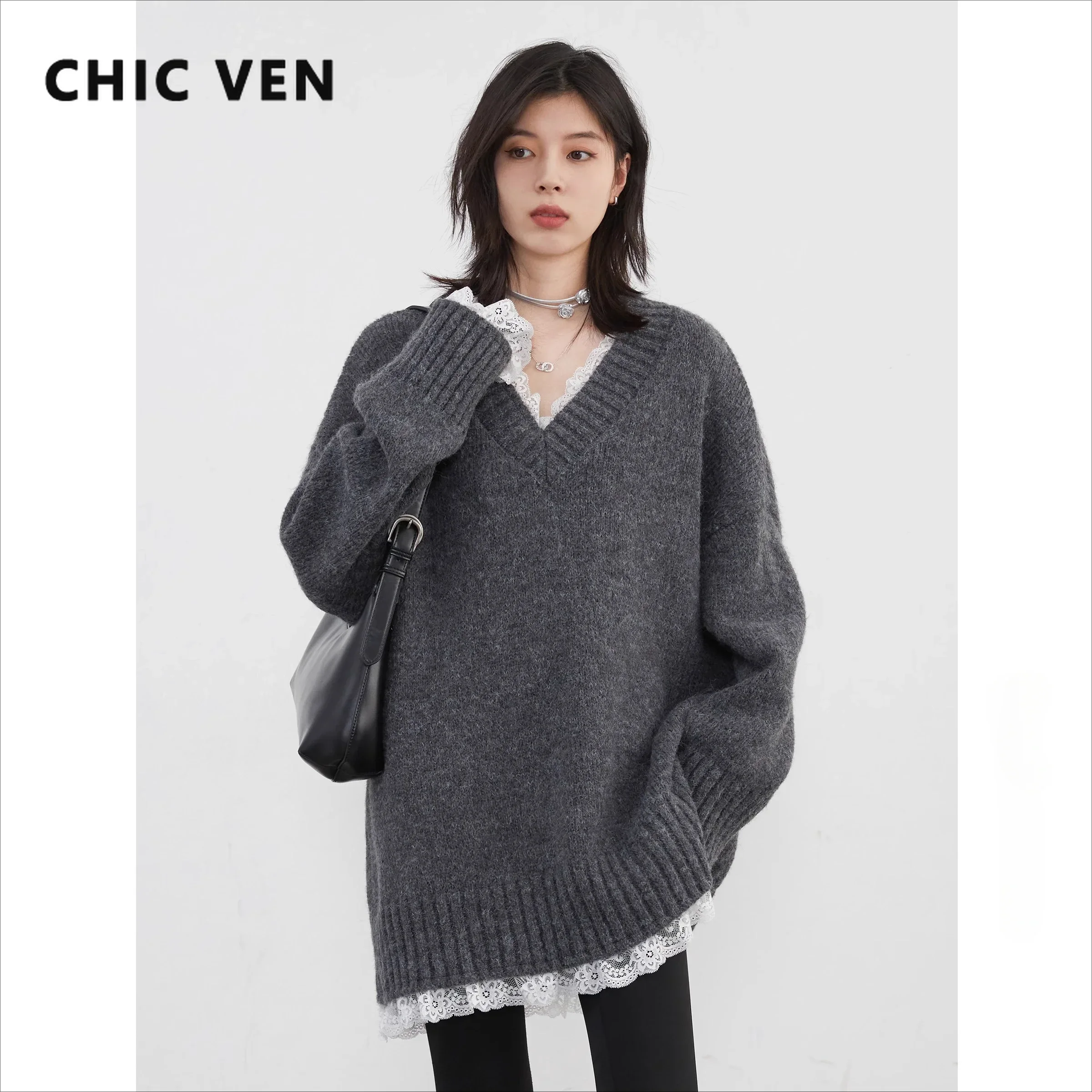 CHIC VEN Women Knit Sweater New Loose V-neck Pullovers Lace Patchwork Female Jumpers Mid Length Female Tops Autumn Winter 2024