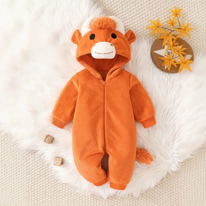 Cute Newborn Orange Cow Romper Hooded Fluffy Warm Bodysuit Infant Toddler One-Piece Jumpsuit Animal Costume Baby Clothes