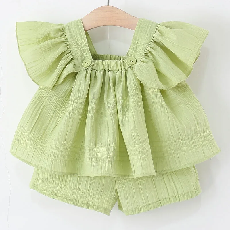 

Summer Girls Boutique Clothes Korean Fashion Cute Green Short Sleeve Cotton Baby Tops+Shorts Kids Clothing Children's Sets B036