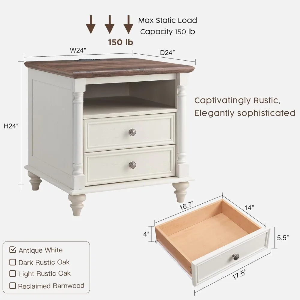 24'' Farmhouse End Table w/4 Solid Wood Feet, Large 2 Drawers Wide Sofa Side Table with Charging Station,