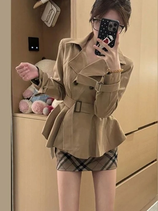 Conjunto de Dos Piezas de Abrigo Corto Kaki y Falda a Cuadros, Estilo Coreano, Transpirable y Cómodo, Moda de Otoño para Mujer