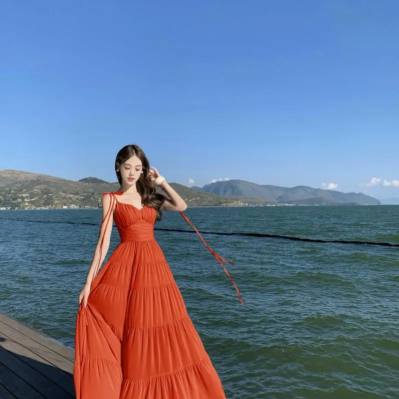 

French Retro Women Grey V Neck Sexy Sleeveless Slip Long Dress Summer Orange High Waist Backless Vacation Party Dresses Fashion