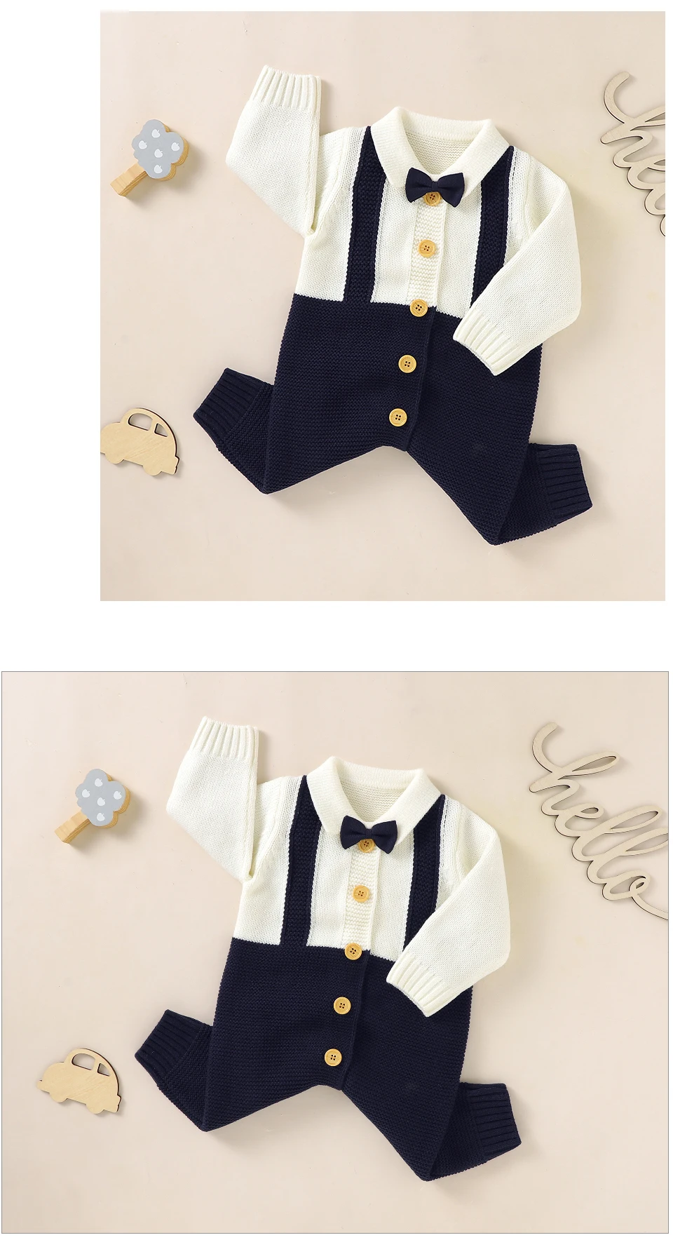 Baby Jungen Strampler Mode Herbst Winter Neugeborene Säuglinge Gentleman-Stil Overalls 0-18m Einteiliger Langarm-Strickanzug für Kleinkinder – Detail 11