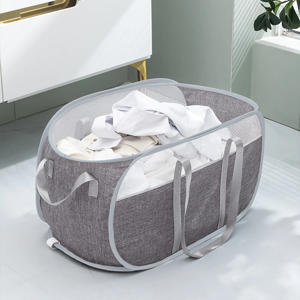 

Foldable Laundry Basket Mesh Dirty Clothes Storage Basket With Handle For Washroom