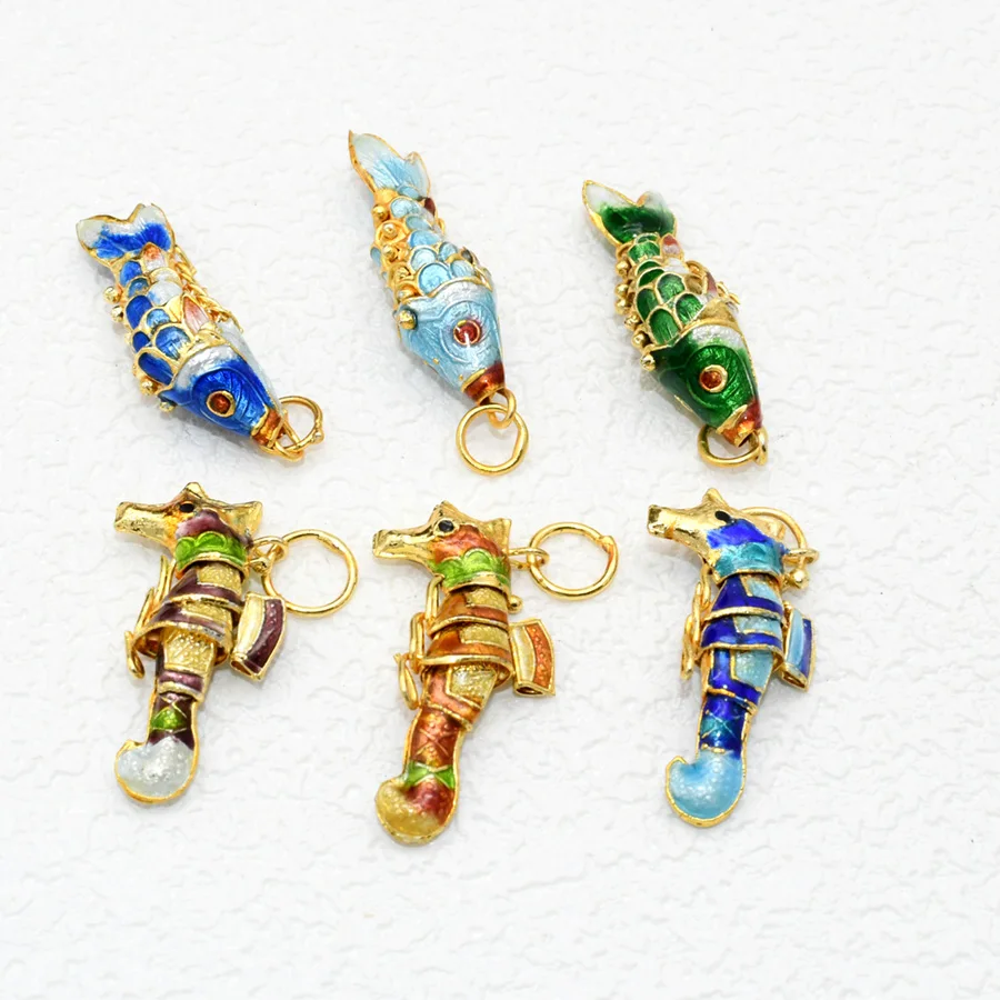 3pcs Chinese Cloisonne 3.5cm Active Carp Sea Horse Hippocampus Enamel Charm Pendants For Earring Necklace Making