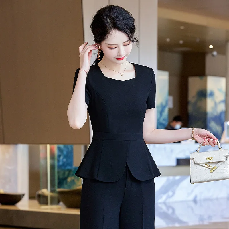 

Elegant Customer Service Jewelry Shop Workwear Hotel Front Stage Work Wear Clothes Wide Leg Pants2024Summer Business Suit Women'