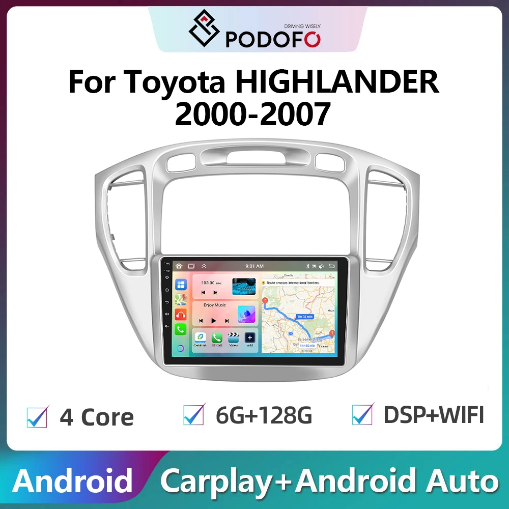 

Podofo 2Din Android Car Radio Multimidia Video Player For Toyota HIGHLANDER 2000-2007 GPS Navigation Carplay Auto Stereo