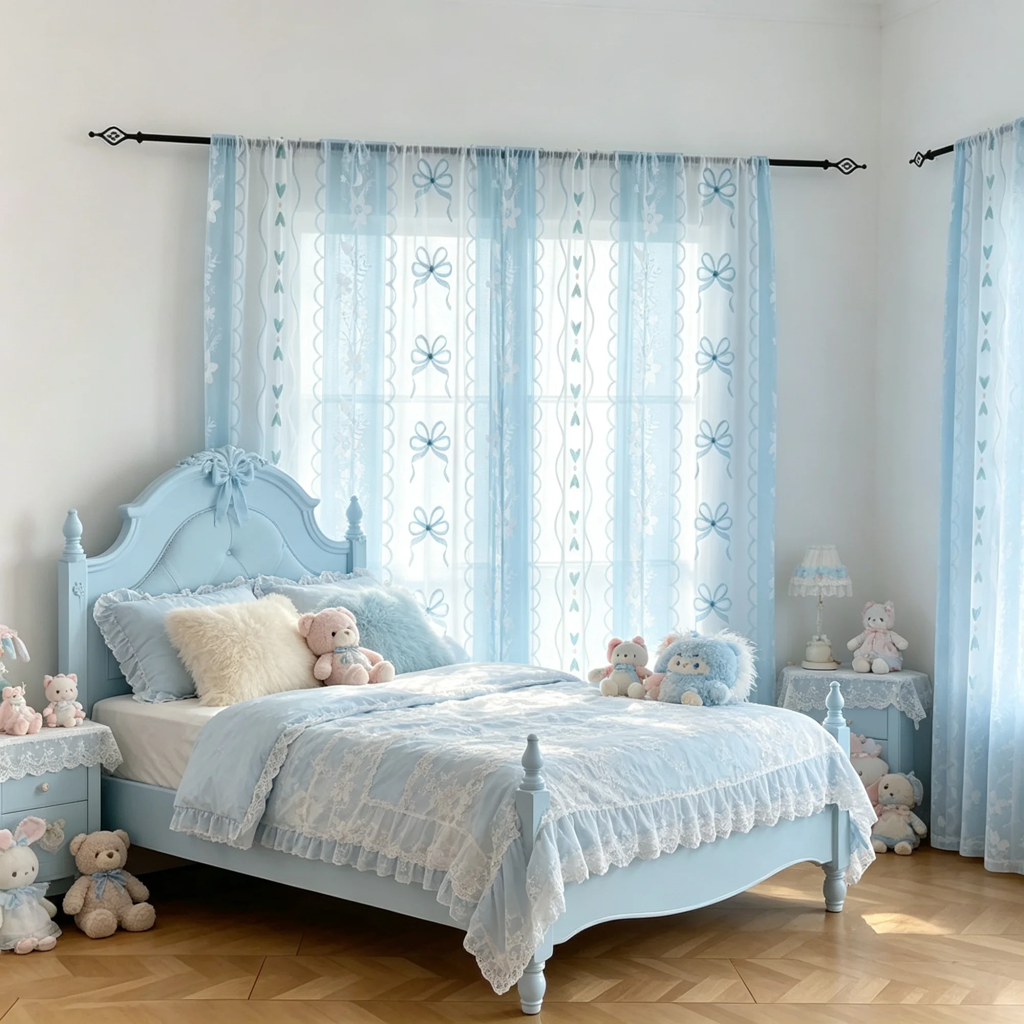 2-Piece Semi-Transparent Polyester Curtains Light Blue with Butterfly Knot Floral Wave Edging Print Gentle Korean Girl Style Fre