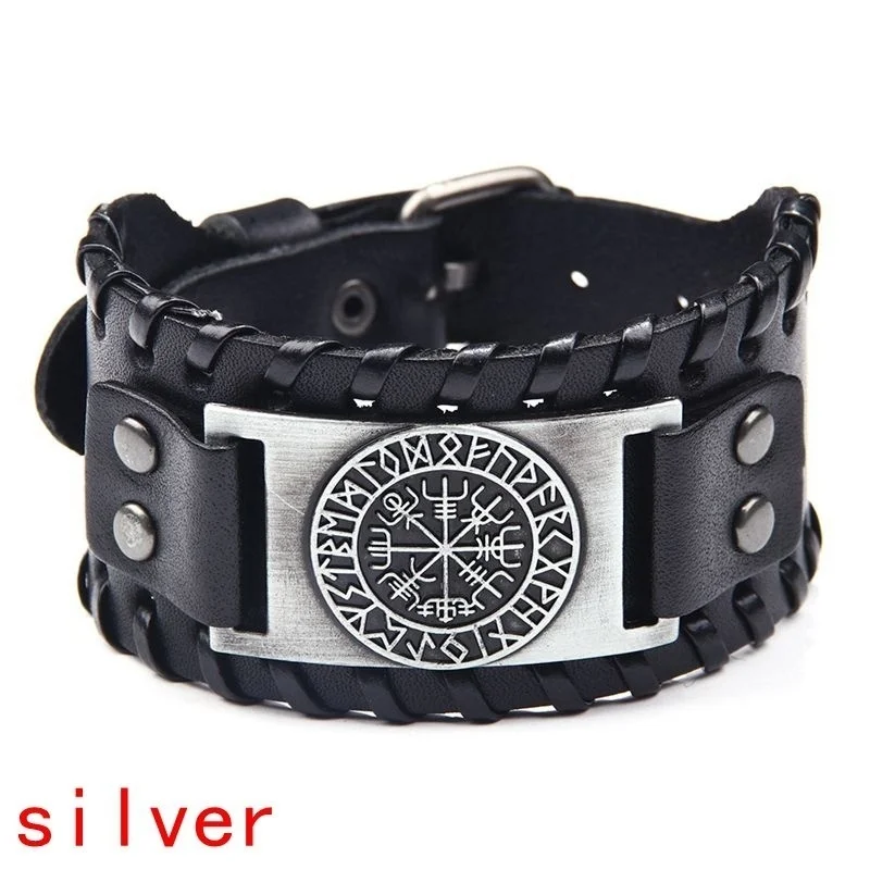 New Retro Wide Leather Nordic Rune of Odi Bracelet Men's Bracelet Celtic Viking Jewelry Compass Bracelet Accessories Party Gifts