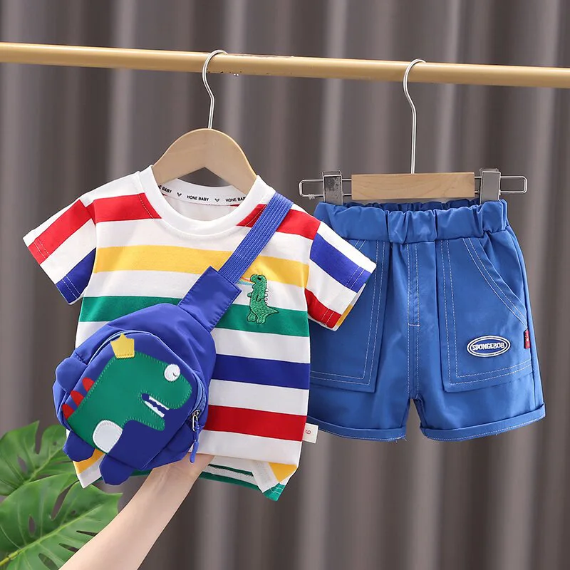 2026 Summer Baby Clothes Suit Fashion Children Boys Dinosaur Shirt Shorts Bag 3Pcs/Sets Infant Casual Outfits Kids Tracksuits