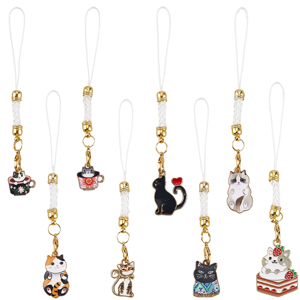 16pcs Cat Phone Charm Animal Cell Phone Charm Black White Colorful Alloy Enamel Cat Pendants with Cup Cellphone Straps for Back