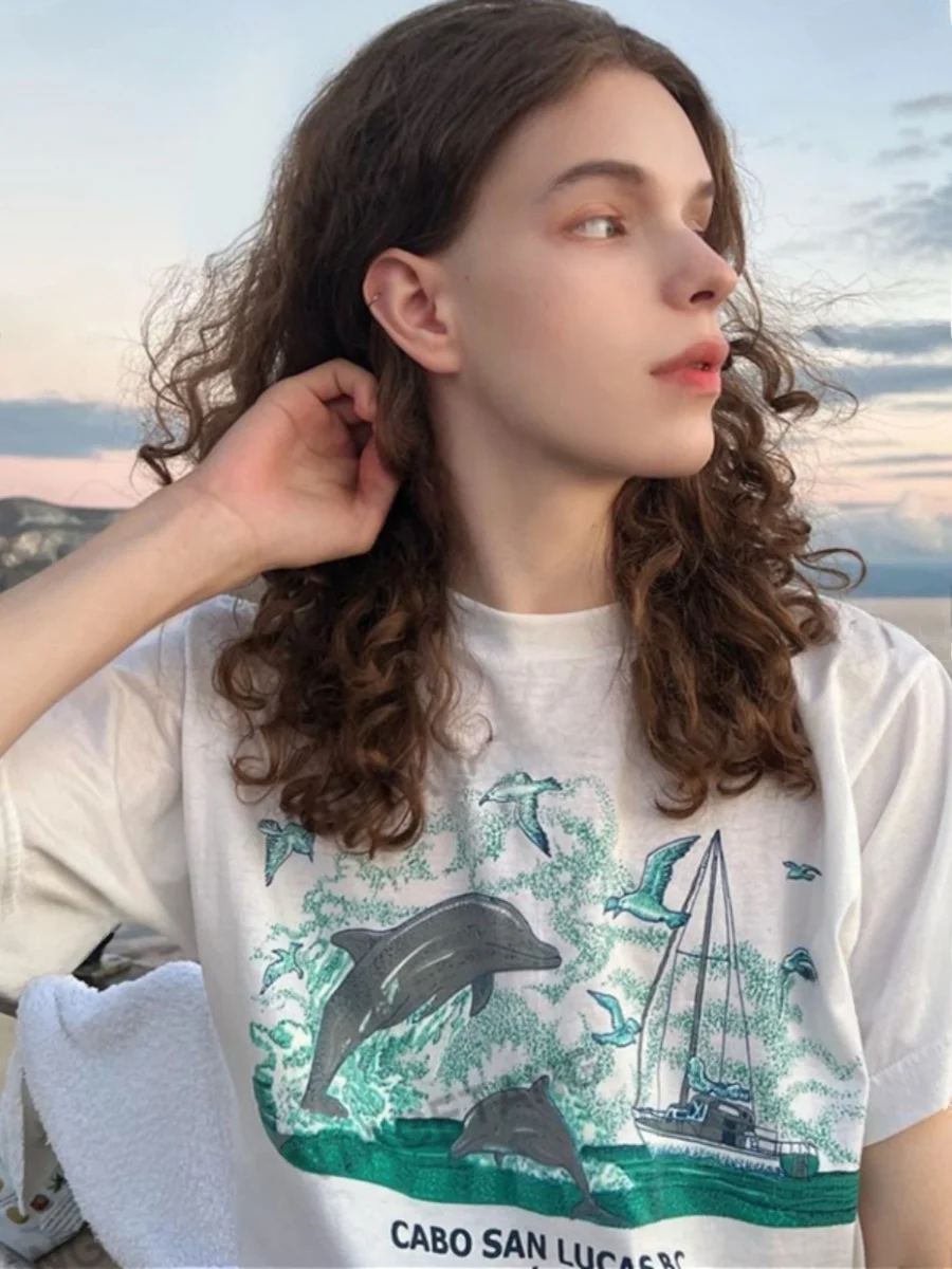 

plus Size Women's American Retro Dolphin Print Loose Cotton T-irt ort Sve Summer Top Comfortable Breathable Faionable