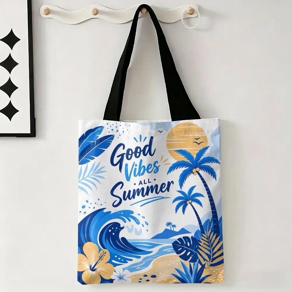 Summer Beach Coconut Trees Storage Bags Large Eco Friendly Capacity Canvas Shopping Bag Shoulder Handbag Daily Use
