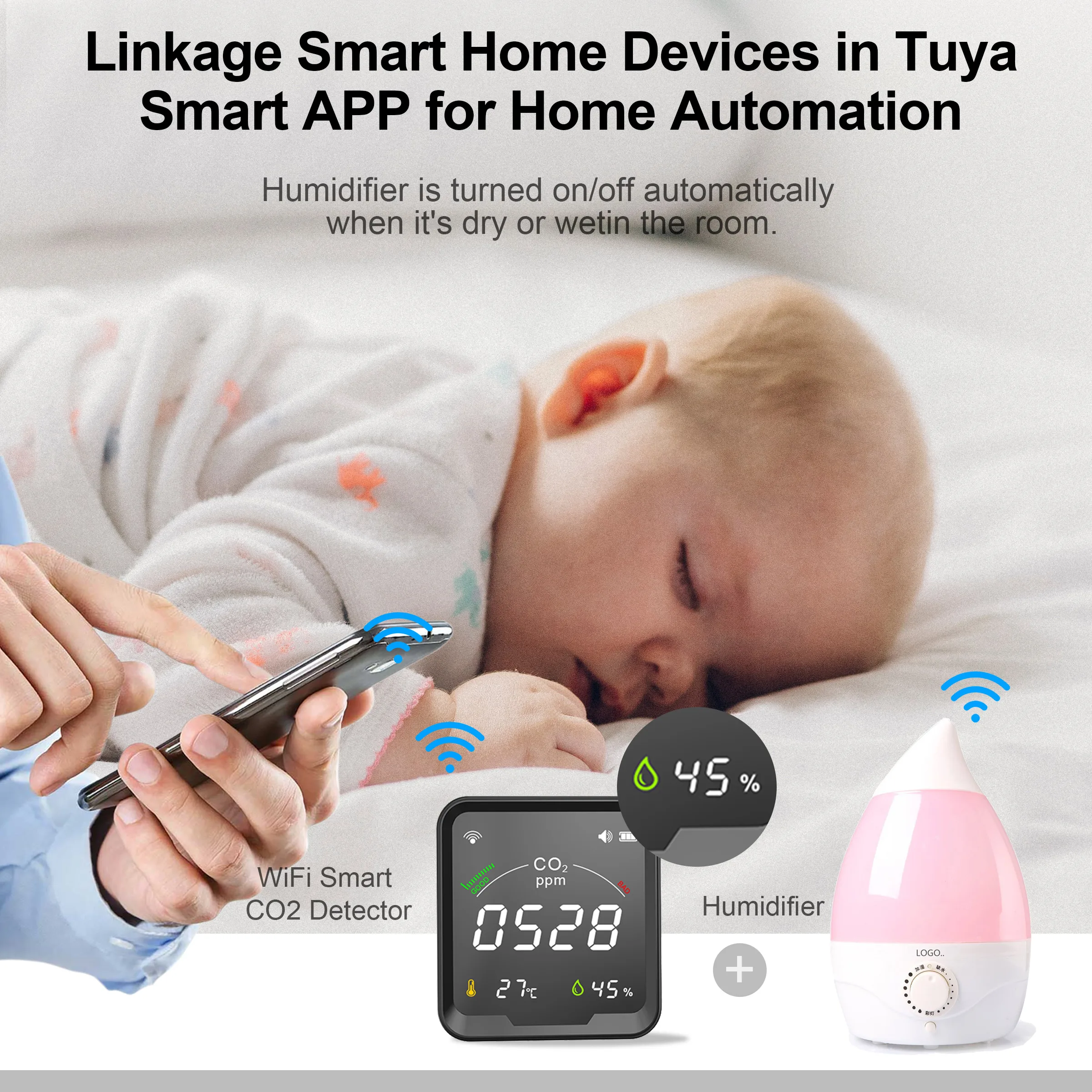 GIRIER Tuya Smart WiFi CO2 Sensor Temperature Humidity Carbon Dioxide Detector with Large LCD Screen 3 in 1 works Smart life App